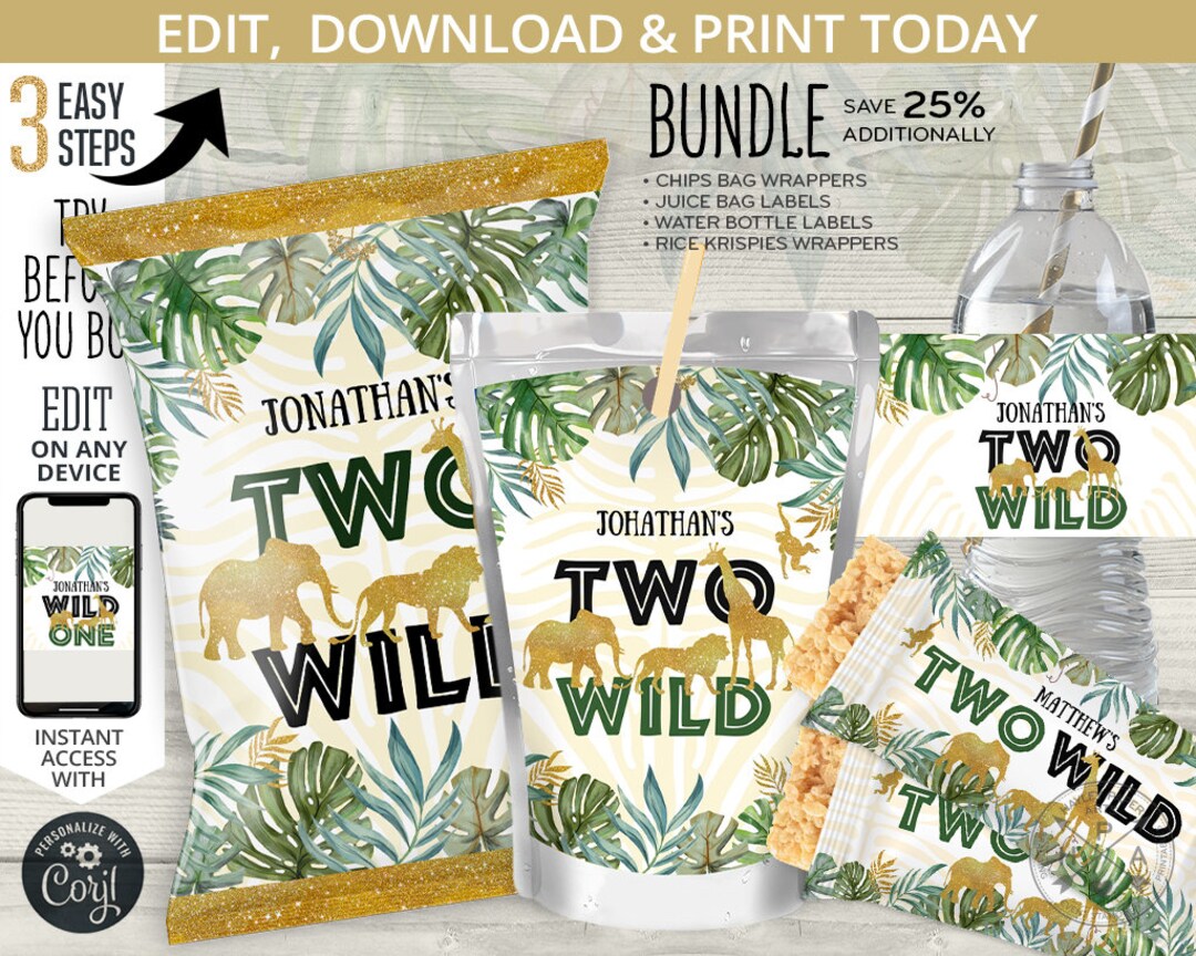 BUNDLE Jungle Two Wild Chips Bag, Juice Bags Labels, Safari Rice ...