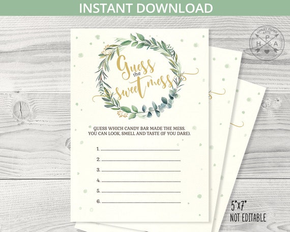 Guess the Sweet Mess baby shower game card. Greenery wreath boho eucalyptus leaves, gold rustic. Instant download. Not editable. 111HPA 21 B Il_570xn