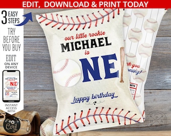 Baseball chips bag first birthday party favor, ONE, chip pouch, container for party snacks, rookie sports game. Editable design. 191HPA 30 G