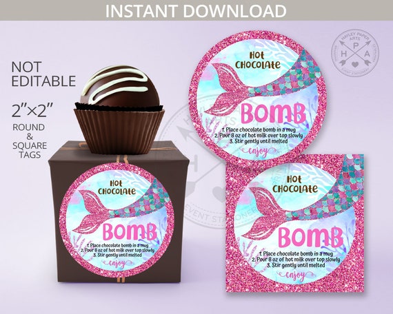 Mermaid hot chocolate bomb tag or sticker. Printable cocoa favor tags round circle square 2x2. Instant download. NOT EDITABLE. 304HPA 060 B Il_570xn