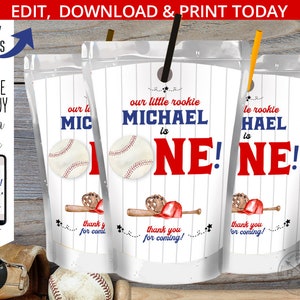 Baseball Saftbeutel Etikett, Saftbeuteletiketten, Sportsaftbeutel, erster Geburtstag Rookie EINE Partydekoration. Bearbeitbarer Download. 191HPA 31 B