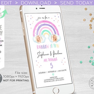 May include: A smartphone displays a digital invitation with a rainbow design. The invitation reads "Rainbow of Fun" and includes the names "Stephanie & Paulina" and the number "5". The invitation also includes event details.