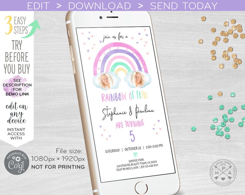 May include: A smartphone displays a digital invitation with a rainbow design. The invitation reads "Rainbow of Fun" and includes the names "Stephanie & Paulina" and the number "5". The invitation also includes event details.