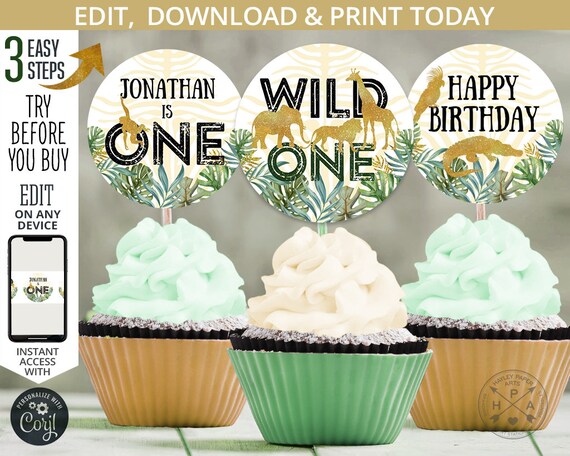 Jungle animals Party Decorations Wild One Cupcake toppers Instant download Printable Digital POD EDITABLE Safari Birthday Cupcake Toppers