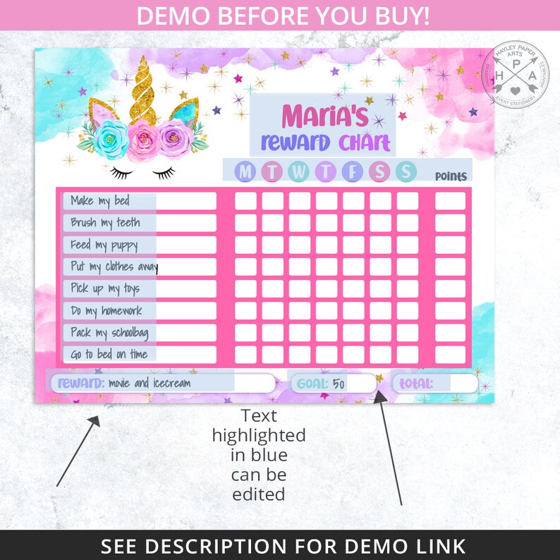 Unicorn Reward Chart for Girls Kids Behavior Daily Chore Charts Daily ...