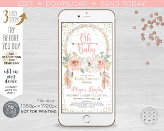 May include: A digital invitation for a baby shower with a pink and gold color scheme. The invitation features a dreamcatcher with feathers and flowers. The text on the invitation reads "Oh Baby" and "Join us for a Baby Shower honoring Megan Hughes".