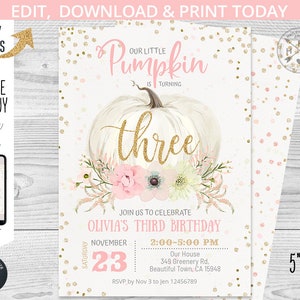 Pumpkin third birthday invitation girl THREE pink pastel floral gold glitter fall 3rd party invite invitations. Editable printable 083HPA 04