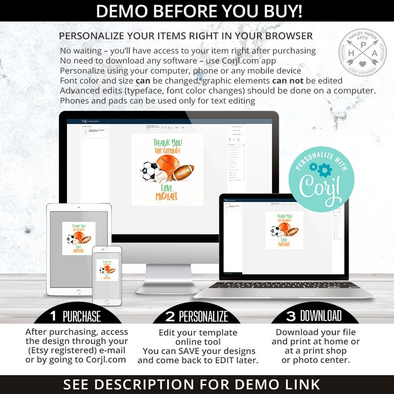 Op de afbeelding: Een digitale mockup die laat zien hoe je een bedankkaartje kunt personaliseren voor een sportthemafeest. De kaart heeft een groene en oranje basketbal, een voetbal en een American football met de tekst "Bedankt voor het komen! Liefs, Michael". De afbeelding laat zien hoe de kaart wordt bewerkt op een computer, tablet en telefoon.