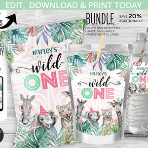 BUNDLE Safari Jungle Wild One chips bag, juice bags, water bottle labels, snacks treat chips pouch first birthday. Online template 125HPA 40