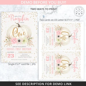 Pumpkin First Birthday ONE Invitation Pink Pastel Floral Gold Glitter Girl Fall 1st Party Invite ...