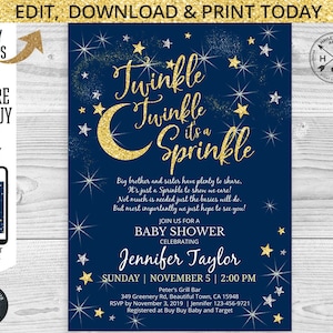 EDITIERBAR Twinkle ist es eine Sprene-Babyparty-Gedichtgold-Navy-Blau-Einladung. Sofortiger Zugriff auf die Vorlage. Von Ihnen individuell gestaltet. 019HPA 01