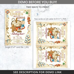 May include: A printable invitation for a holiday party featuring a vintage-style illustration of a gingerbread man, a snowman, and a gnome holding a bowl of cookies and hot cocoa. The text reads "Join us for a Cookies Hot Cocoa & holiday cheer" and includes the date, time, and location of the party.