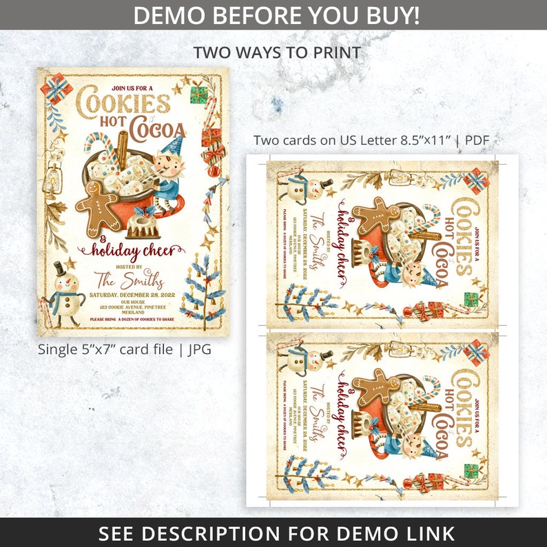 May include: A printable invitation for a holiday party featuring a vintage-style illustration of a gingerbread man, a snowman, and a gnome holding a bowl of cookies and hot cocoa. The text reads "Join us for a Cookies Hot Cocoa & holiday cheer" and includes the date, time, and location of the party.