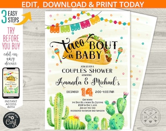 Taco 'bout baby couples shower invitation cactus succulent invite fiesta party gender neutral. Instant editable printable. 115HPA 02