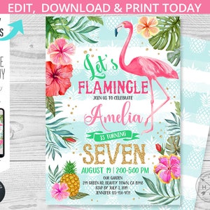 Let's flamingle birthday invitation flamingo tropical hibiscus invite fiesta party any age. Instant access to editable template. 044HPA 06