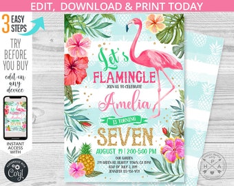 Let's flamingle birthday invitation flamingo tropical hibiscus invite fiesta party any age. Instant access to editable template. 044HPA 06