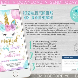 Unicorn baby shower invitation evite magical electronic, smartphone e-vite, message digital invite. Selfediting template. E056 A 056HPA image 3