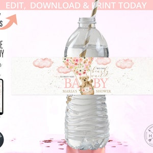 Beer baby shower waterfles label, teddybeer vintage heteluchtballon bloemen wachten geduldig om je te ontmoeten. Bewerkbare afdrukbare. 215HPA 12 A