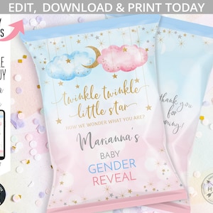 Twinkle little star chips bag, baby gender reveal shower, pink blue clouds gold stars chip bags pack wrapper. Editable template 177HPA 30 B2
