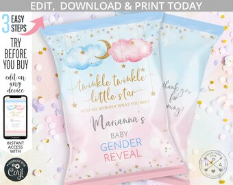 Twinkle little star chips bag, baby gender reveal shower, pink blue clouds gold stars chip bags pack wrapper. Editable template 177HPA 30 B2