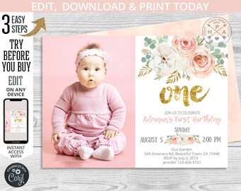 May include: Pink and gold first birthday invitation with a floral design and a photo of a baby girl. The invitation says "Join us to celebrate Adriana's First Birthday" and includes the date, time, and location of the party.