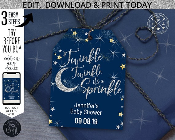 Twinkle sprinkle favor gift tags moon stars silver gold glitter baby shower thank you navy blue tag. EDITABLE template. 019HPA 06 202HPA Il_570xn