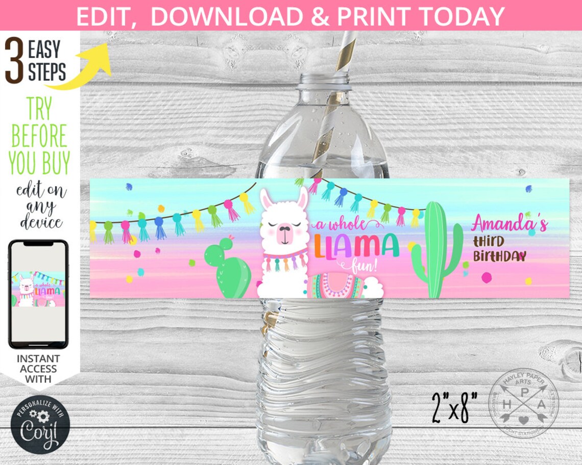 Llama Water Bottle Label Whole Llama Fun Celebration Birthday Etsy