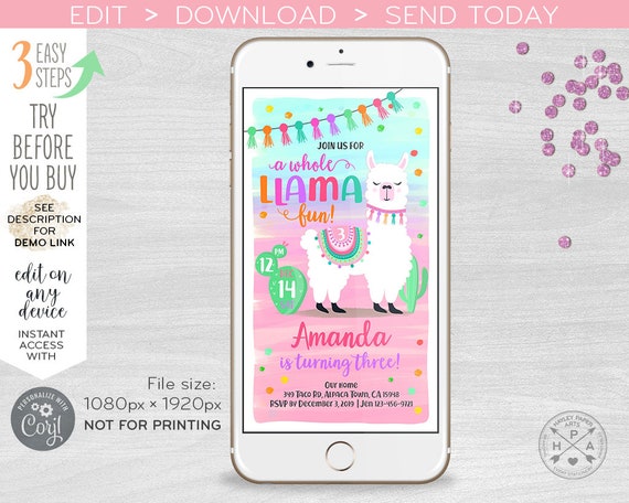 Llama electronic birthday party invitation any age fiesta. A whole llama fun. Smartphone e-vite digital invite. 400HPA E072 03 072HPA Il_570xn