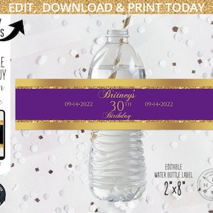 Étiquette de bouteille d'eau, écriture violette pailletée noire et dorée minimaliste. Anniversaire, fête d'anniversaire. Imprimable modifiable. 202HPA12A2