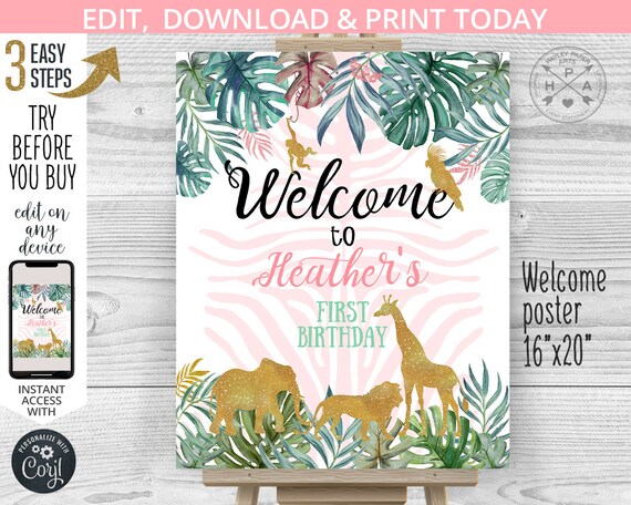EDITABLE Jungle welcome poster sign 1st party first third birthday. Safari animals girl wild one elephant sign editable template 041HPA 16 B Il_570xn