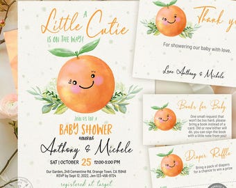 PAKET Liten söt babyshowerinbjudan, apelsinklementincitrus, lotteriböcker för tackkort för bebisar. Redigerbara utskrivbara material. 250HPA 39