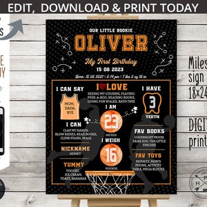 Cartel del hito de las estadísticas del primer cumpleaños del baloncesto. Pequeña pizarra deportiva del primer año de novato. Imprimible autoeditable. 218HPA 19D