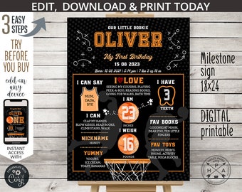 May include: A black and orange printable milestone sign for a baby's first birthday. The sign features a basketball theme with a basketball hoop, basketballs, and the name "Oliver". The sign includes details about the baby's age, weight, height, and favorite things.
