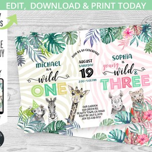 May include: Two jungle-themed birthday party invitations. The first invitation is for a boy's first birthday and features a green, yellow, and white zebra print background with a giraffe, zebra, and elephant. The text reads "Michael is a wild one". The second invitation is for a girl's third birthday and features a pink and white zebra print background with a rhino and a cheetah. The text reads "Sophia is young wild & three".