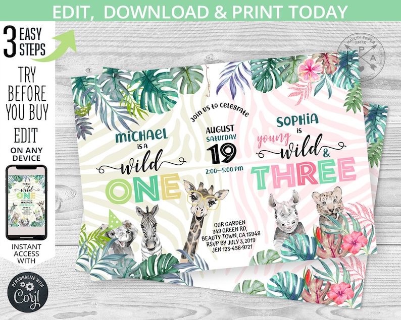May include: Two jungle-themed birthday party invitations. The first invitation is for a boy's first birthday and features a green, yellow, and white zebra print background with a giraffe, zebra, and elephant. The text reads "Michael is a wild one". The second invitation is for a girl's third birthday and features a pink and white zebra print background with a rhino and a cheetah. The text reads "Sophia is young wild & three".