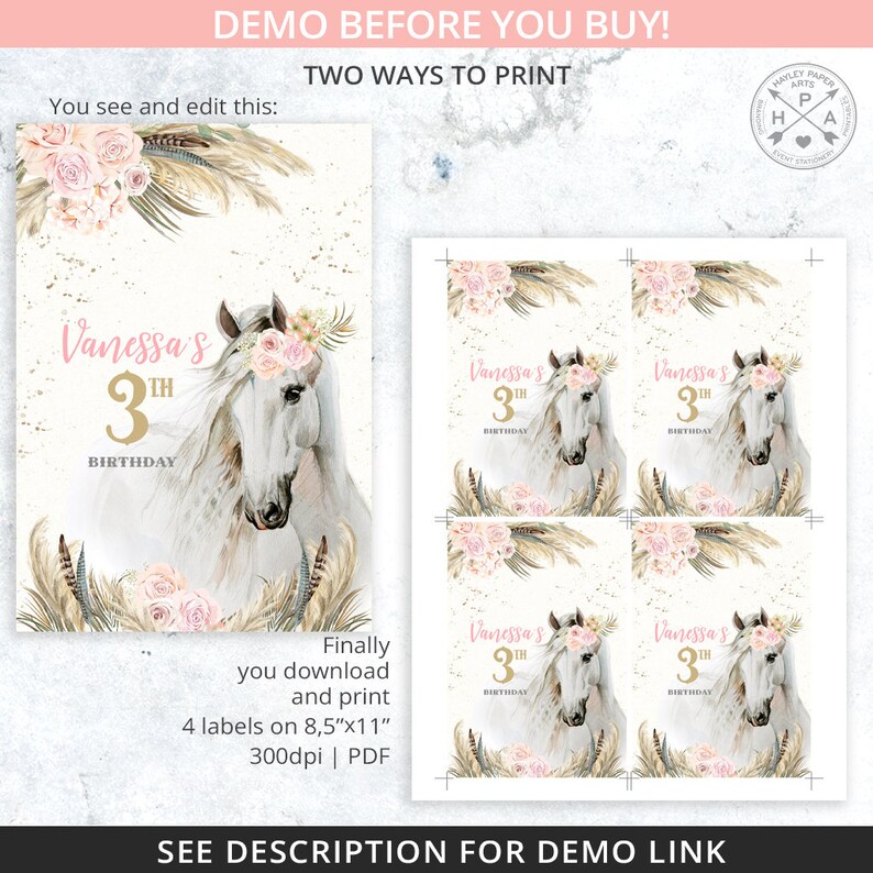 May include: Printable 3rd birthday party favour labels featuring a white horse with a pink floral crown and gold text that says "Vanessa's 3rd Birthday". The labels are designed in a boho style with pink flowers, feathers, and tan reeds.