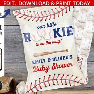 Baseball-Chips-Tasche Baby-Dusche-Partybevorzugung, Chip-Beutel, Behälter für Party-Snacks, Rookie-Sportspiel. Bearbeitbares Design. 192HPA 30 A
