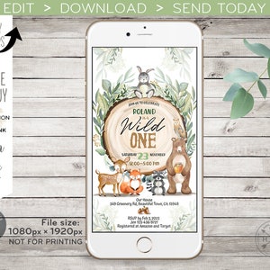 May include: A digital invitation for a first birthday party with a woodland theme. The invitation features a brown bear, a fox, a deer, a raccoon, and a bunny rabbit. The text on the invitation reads "Join us to celebrate Roland is a Wild One. Saturday 23 November 12:00-5:00 PM. Our House 349 Greenery Rd, Beautiful Town, CA 15948. RSVP by Feb 3, 2023 Jen 123-456-9721 Registered at Amazon and Target."
