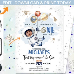 Outer space birthday invitation out of this world astronaut moon trip around the sun mission planet galaxy. EDITABLE template. 153HPA 01 B