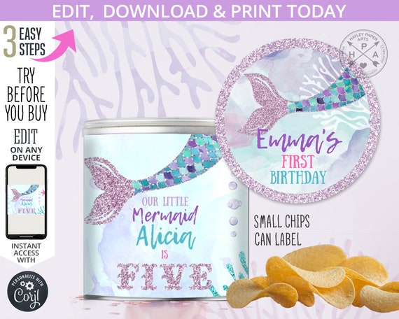 Mermaid mini chips can label under the sea birthday lilac glitter girl snacks party favor. Editable template. Instant download. 060HPA 35 A Il_570xn