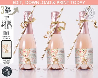 Bear Pop it when she Pops mini champagne bottle label baby shower, teddy hot air balloon bearly wait. Editable printable. 215HPA 15 A