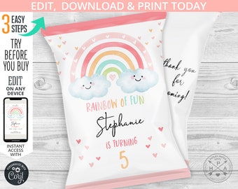 May include: Printable chip bag design featuring a rainbow, clouds, and hearts. The text reads "Rainbow of Fun" and "Stephanie is turning 5".