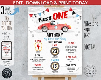 Fast ONE race car vintage red auto stats milestone 1st birthday sign statistics racing board 16x20 poster. Editable printable. 211HPA 08 A