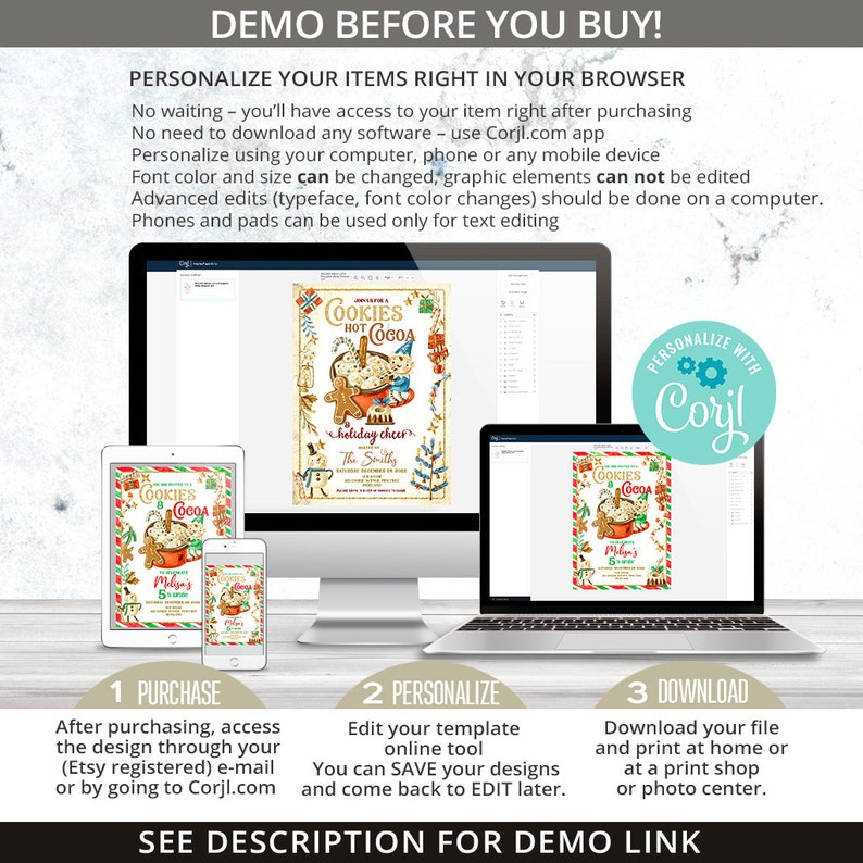 May include: A digital mockup showing how to personalize a printable invitation using the Corjl.com website. The invitation features a vintage illustration of a gingerbread man holding a bowl of cookies and hot cocoa. The text on the invitation reads "Cookies & Hot Cocoa, Holiday Cheer, The Smithy".