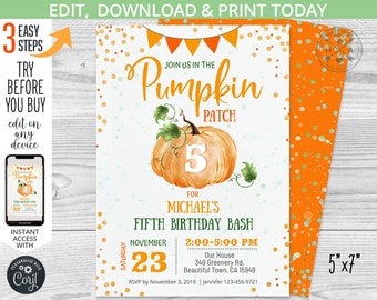 Pumpkin patch any age birthday bash invitation orange fall gold glitter boy autumn party invite invitations. Editable template. 079HPA 06