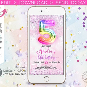 May include: A digital invitation for a fifth birthday party. The invitation features a rainbow balloon shaped like the number five, with glitter and confetti on a pink background. The text on the invitation reads "Join us to celebrate Amelia's fifth birthday" and includes the date, time, and location of the party.