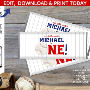 Baseball Schokolade Mini Bar Wrapper behandelt Sport Etikett, jedes Alter Geburtstag Rookie bevorzugt Leckerei Etiketten. Bearbeitbar bedruckbar. 191HPA 33 B
