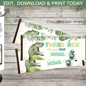 Three rex dinosaur chocolate candy bar wrapper labels dino T-Rex wrapper third boy birthday favors. Editable printable. 132HPA 33 A