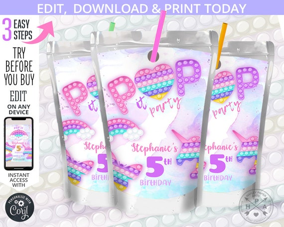 Pop it juice bag label, capri juice bags, fidget toys favor pouch, unicorn, toy birthday party favour wrapper. Editable template 175HPA 31 E Il_570xn