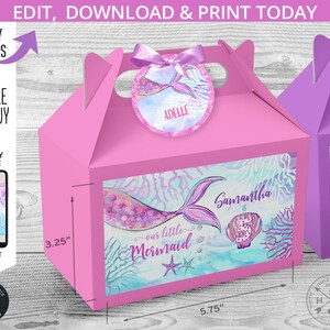 Mermaid Birthday Gable Gift Box Labels and Name Tags. Pink Glitter Tail ...